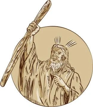 Moses Raising Staff Circle Etching Stock Illustration