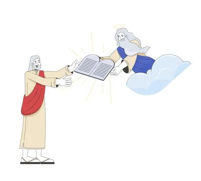 Moses receiving ten commandments from God 2D cartoon bible characters Stock Illustration