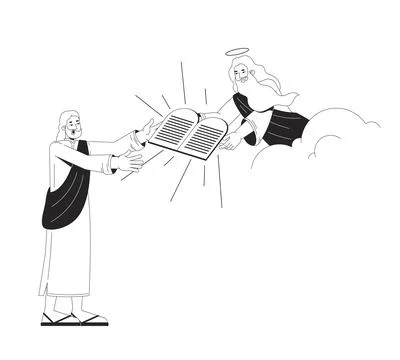 Moses receiving ten commandments from God 2D line bible characters 库存插图