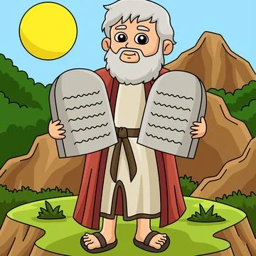 Moses with Tablet of Ten Commandments Colored Stock Illustration