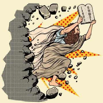 Moses with tablets of the Covenant 10 commandments breaks a wall, destroys Stock Illustration