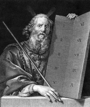Moses with the tablets of the Ten Commandments on engraving from 1859. Engraved Stock Illustration