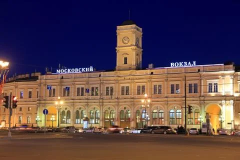 Moskovsky train station in the evening light in the city of St. Petersburg Stock Photos