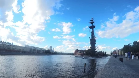 Moskva river and monument to Peter the Great at summer timelapse Stock Footage 78017169