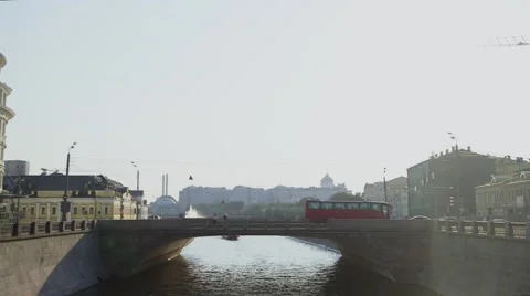 Moskva River, red bus on the bridge. Summer, sunset. Historical city center M 스톡 동영상 56377622