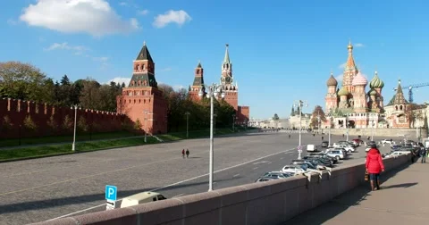 Moskvoretsky bridge, St. Basil's Cathedral, the Kremlin Stock Footage 68914708