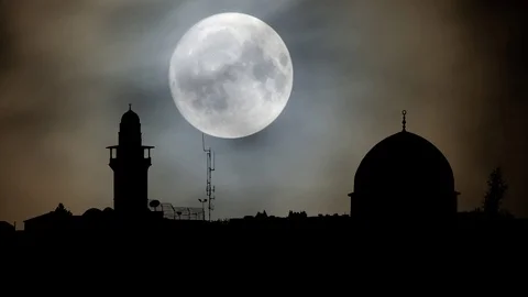 Mosque of Al-aqsa (Dome of the Rock) by Night with Full Moon, Jerusalem, Israel Stock Footage 106802269