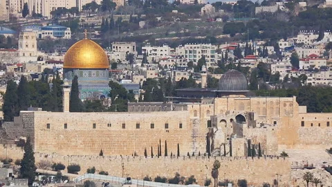 Mosque of the Al-Aqsa in Jerusalem old city through the shivering warm air Stock Footage 96834635