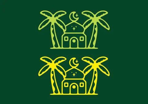 Mosque and date palm tree flat art illustration in yellow and green color 스톡 일러스트