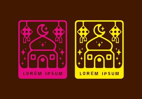 Mosque and ketupat in rectangle shape flat illustration pink and yellow color Illustrazione stock