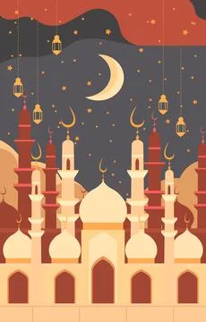 Mosque and Lantern Islamic Eid Al Fitr Festival Card 스톡 일러스트