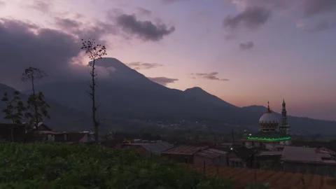 Mosque and mountain sunrise timelapse in 4K, Dieng Indonesia Stock Footage 280407066
