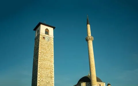 Mosque and old clock tower in Pljevlja, Montenegro 库存照片