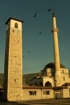 Mosque and old clock tower in Pljevlja, Montenegro Stock Photos