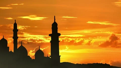 Mosque and pillar silhouette with sunset background, Eid al-Fitr Stock Footage 325996838