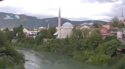 Mosque and river in Mostar Stock Footage 12542461