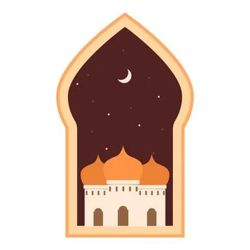 Mosque appearing through ornamented window at night with stars and crescent moon Stock Illustration