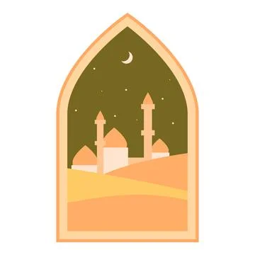 Mosque appearing through ornamented window at night with crescent moon Stock Illustration
