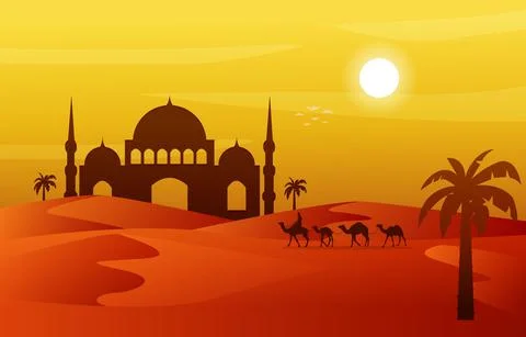 Mosque Arabic Desert Muslim Eid Mubarak Islamic Culture Illustration 스톡 일러스트