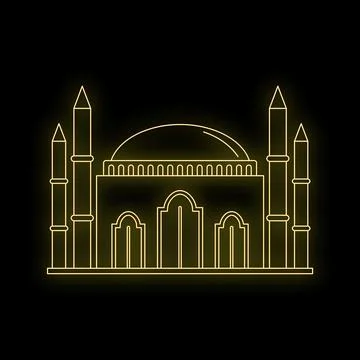 Mosque architecture glowing neon outline on black background Stock Illustration