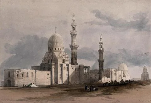 Mosque of Ayed Bey, with other tombs of the caliphs, Cairo, Egypt. Coloured.. Stock Illustration
