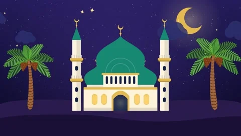 Mosque between date palms under a crescent moon with twinkling stars and Vídeos de archivo 348339720