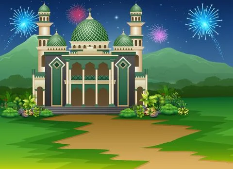 Mosque building with a view of fireworks in the sky Ilustración de archivo