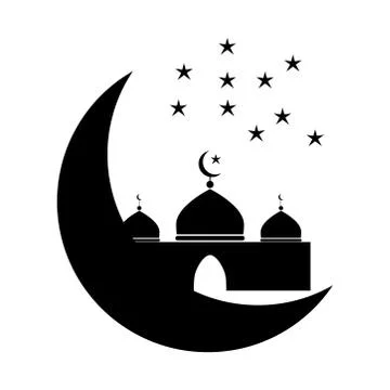 Mosque with Crescent and Multiple Stars. Black and white pictogram depicting Illustrazione stock