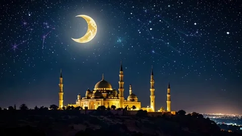 A mosque decorated with a crescent moon and shooting stars 스톡 동영상 308300519