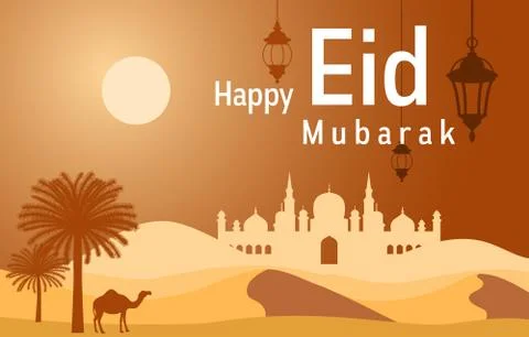 Mosque on Desert with Date Tree Camel Islamic Illustration of Happy Eid Mubar イラスト素材