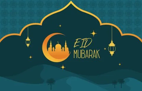 Mosque on Desert with Date Tree Lantern Islamic Illustration of Happy Eid Mub Stock Illustration