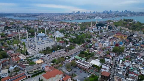 Mosque dominating Istanbul cityscape, Bosphorus. Majestic aerial view drone Stock-Footage 344625435