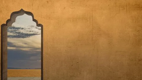 Mosque door arch with landscape view Stock Illustration