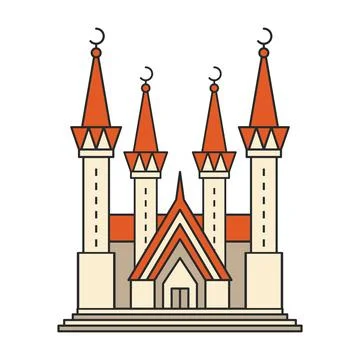 Mosque with four minarets and crescent symbols. Islamic religious architect.. Stock Illustration