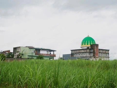 Mosque with a green dome with gray cloudy sky Stock Photos