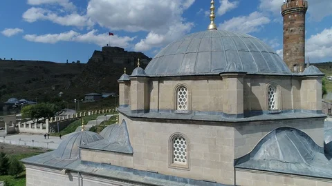Mosque, Historical Artifacts and Kars Castle in the Same Frame, Aerial video Stock Footage 100514692