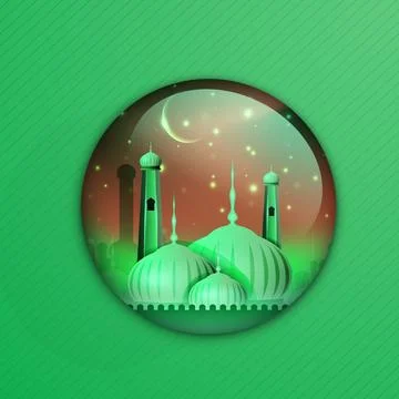 Mosque Illustration with Crescent Moon Inside Circular Frame Against Green .. Stock Illustration