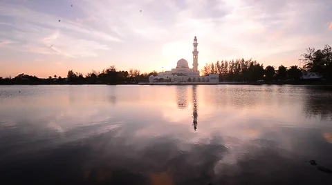 Mosque at lake during sunset clips. Stock Footage 48179285