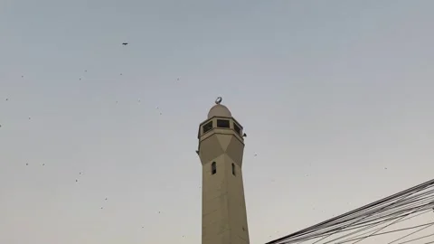 Mosque Minaret with eagle flying across evening hazy sky at twilight. Stock Footage 340411793