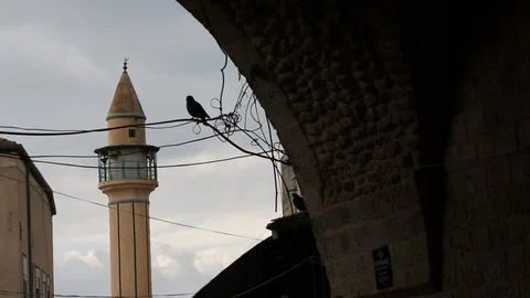 Mosque Minaret Through Arch With Black Bird On Power Line In Middle East 스톡 동영상 102149286