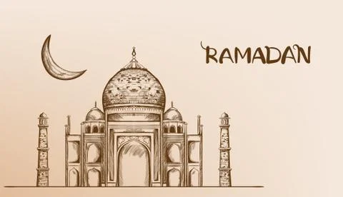 Mosque with moon Vector line art Ilustração Stock