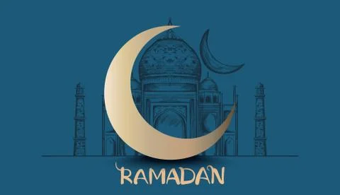 Mosque with moon Vector line art Ilustração Stock