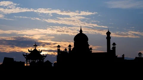 Mosque Omar Ali Saifuddin and Ceremonial Barge, Time Lapse at Sunrise, Brunei Stock Footage 117634475
