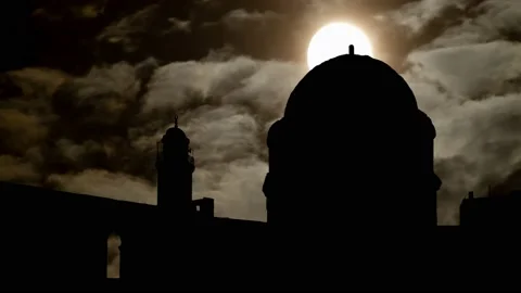 Mosque or Chapel of the Ascension By Night with Dark Atmosphere, Fog, Smoke, Stock Footage 169645886