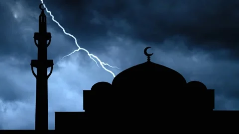 Mosque of Rome with Lightning and Thunderstorm Flash over the Dome and Minaret Stock Footage 130197219