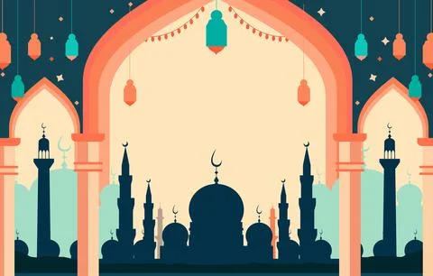 Mosque Silhouette Islamic Eid Al Fitr Festival Card with Copy Space Stock Illustration