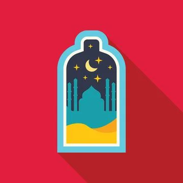 Mosque silhouette shining under crescent moon and stars in a window, celebr.. Stock Illustration
