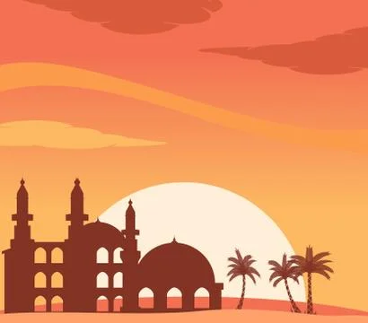 Mosque Silhouette At Sunset Background Stock Illustration