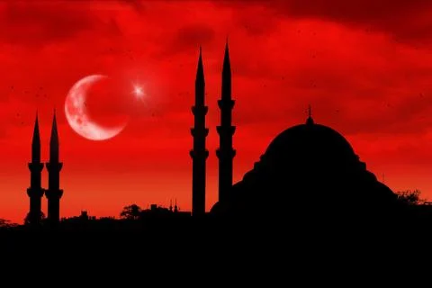 Mosque silhouette as the turkish flag during sunset Stock Illustration