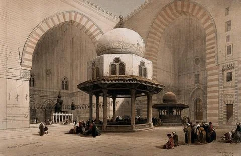 Mosque of Sultan Hassan, Cairo, Egypt: interior of the courtyard. Coloured .. Stock Illustration